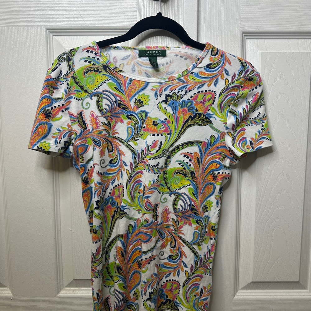 Lauren Ralph Lauren Vibrant Paisley Print Tee Boho Preppy Cottagecore Top Size L